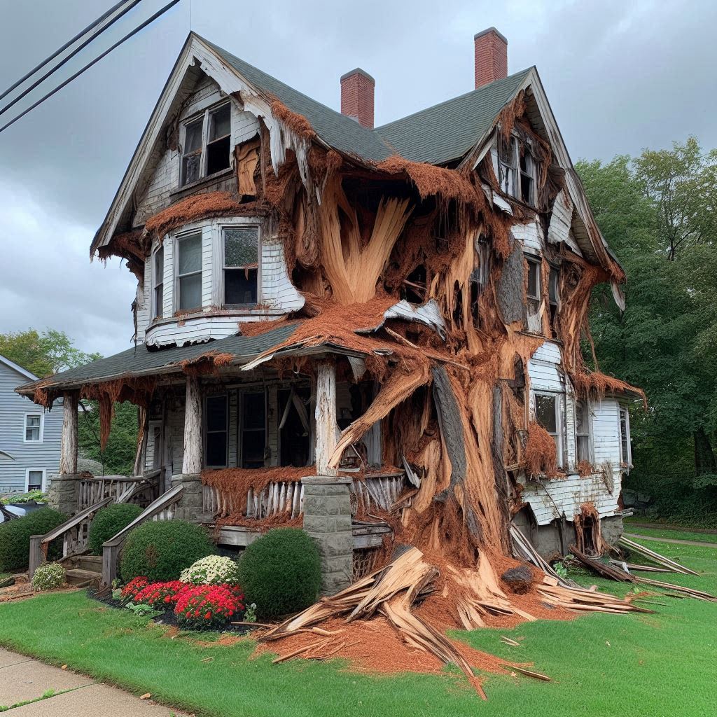 Damaged tree on an Elk Grove Village home showing signs of disease and decay